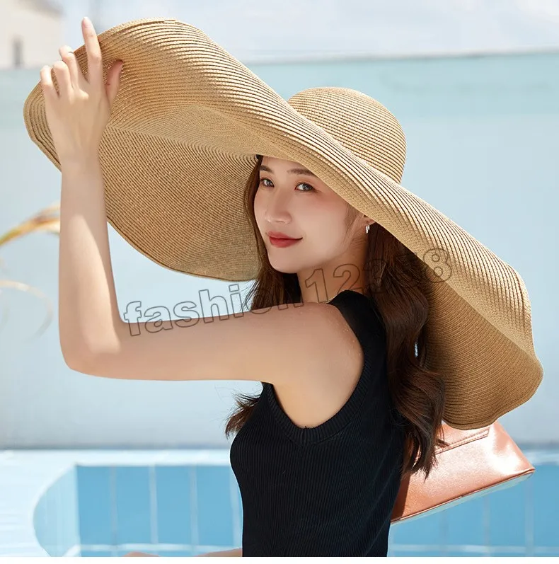 25cm Wide Brim Oversized Beach Hats For Women Large Hawai Straw Hat Lady  Outdoor Travel UV Protection Foldable Sun Shade Hat
