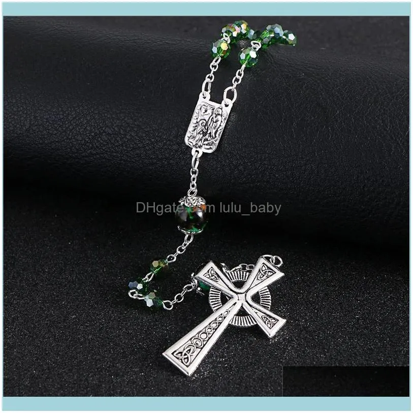 KOMi Vintage Round Green Grass Stone Bead Cross Pendant Necklace Rasary Catholic Long Necklace Jewelry Wholesale R-149