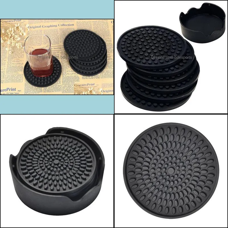 4.3inch 6pcs/set Black Round Silicone Drink Coasters Cup Mat Cup Costers Tableware with holder 60pcs