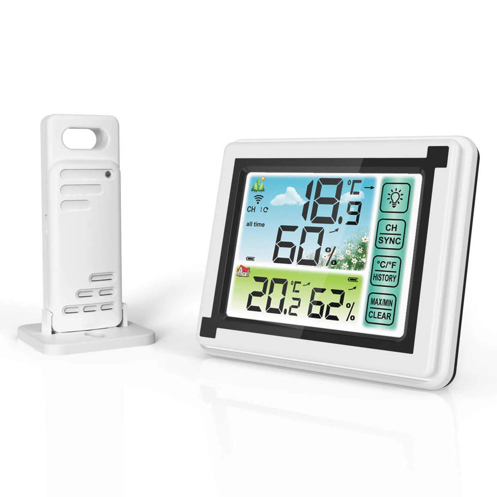 Väderstation Inomhus utomhus trådlös digital termohygrometer temperaturmätare luftfuktighetskärm Väderklocka Hygrometer 210719