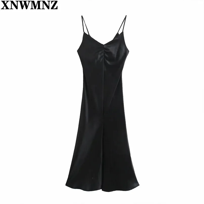 Black Sexy Satin V-образным вырезом MIDI платье женщин спагетти ремешок без рукавов спинки сплит длинные платья весна леди Vestidos 210520