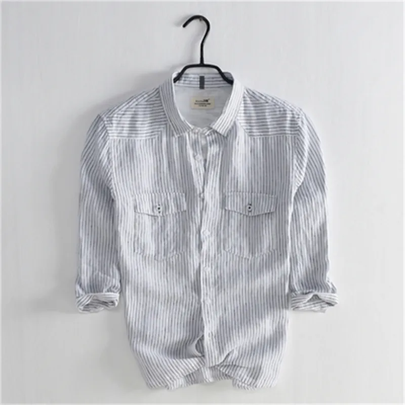 Tooling Linnen Shirt Heren Zomer Vierkante Kraag Koreaanse Casual Katoen Seven-Point Mouw Heren 210420