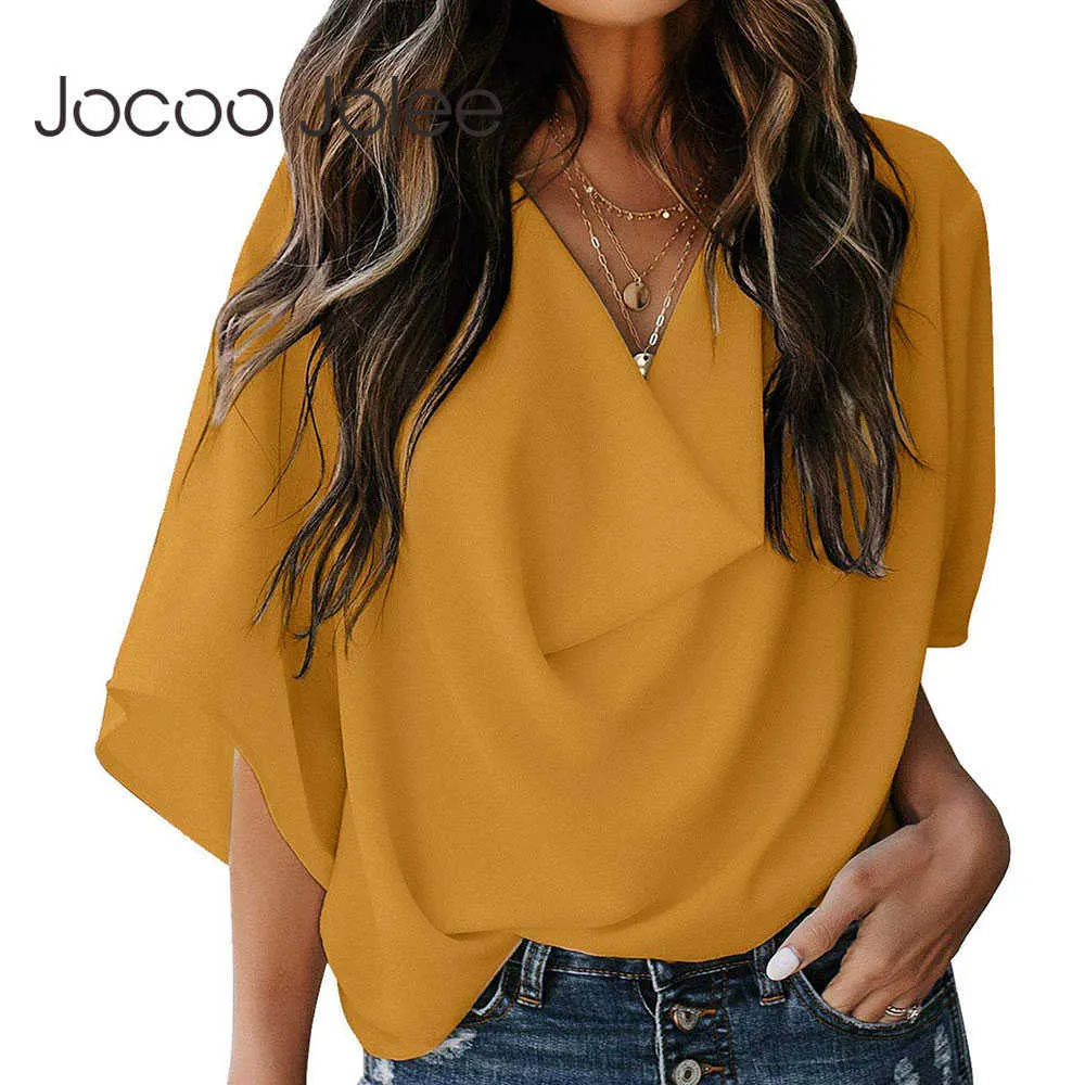 Jocoo Jolee Women Chiffon V-Neck Solid Pleated Flare Sleeve Loose Summer Casual Basic Pullover Elegant Blouse Office Lady Shirt 210619