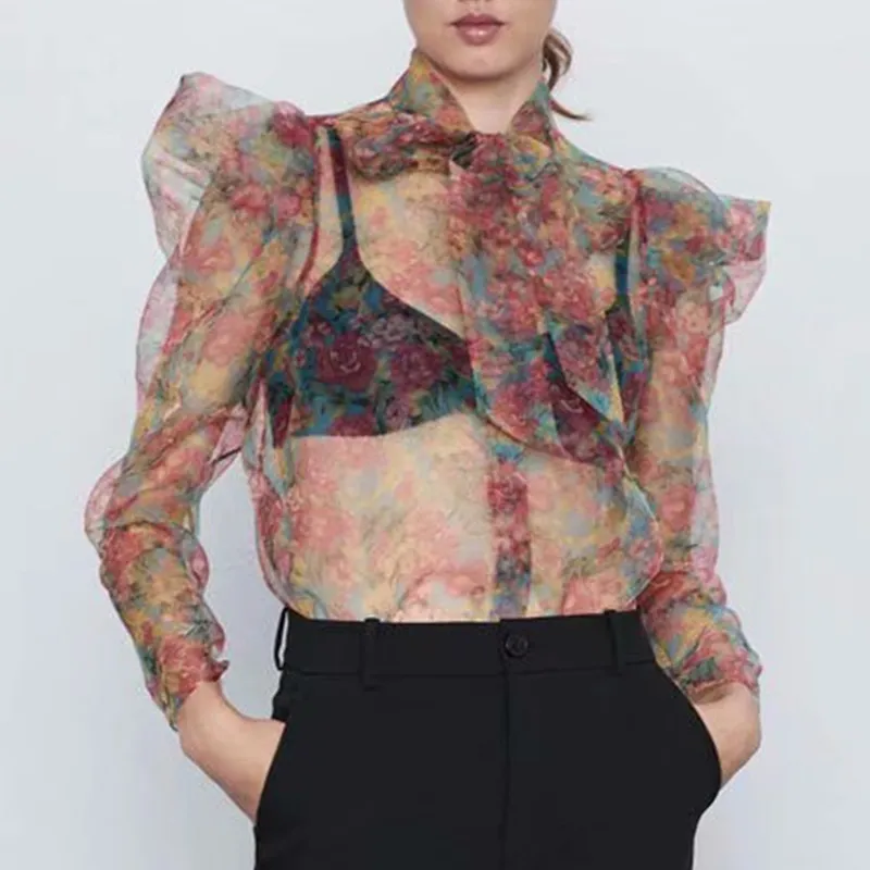 Style Sexy Floral Organze Blouse Transparante Stijl Boogdas Kraag Lange Mouw Vrouwelijk Zien door chique Tops Blusas 210430