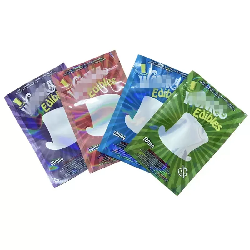 Plastic verpakkingszakken arriveal hersluitbare mylar 600 mg met regenboogfilm groen rood blauw paars snoep gummies zak