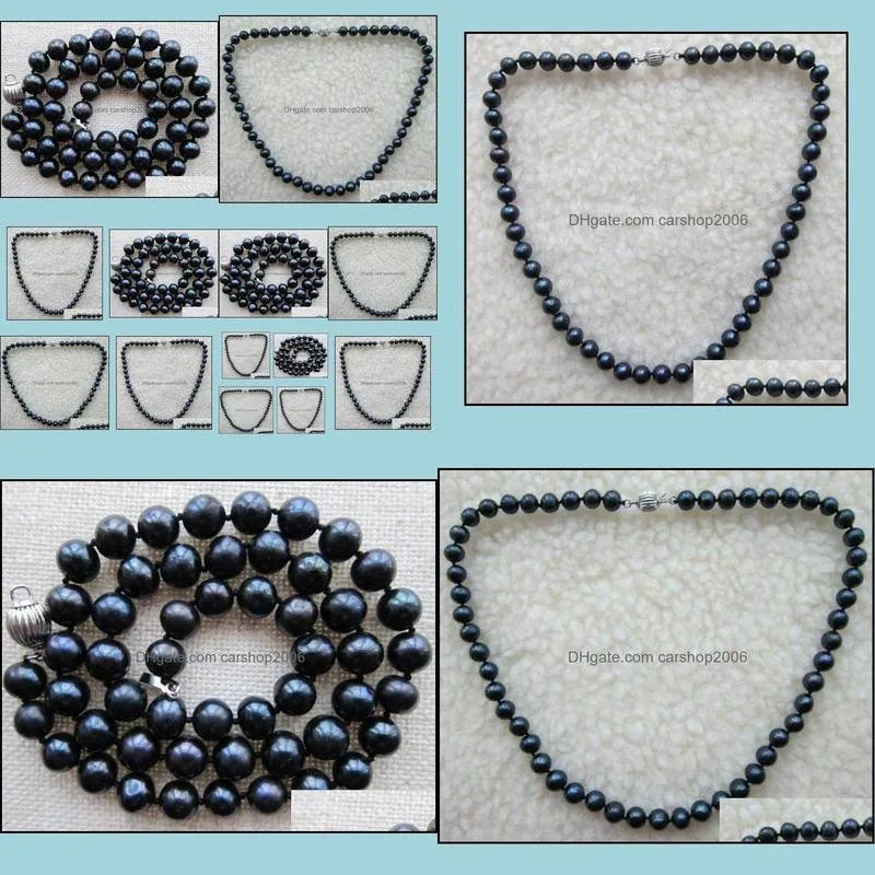 8-9mm Black Natural Pearl Beaded Necklace 18inch 925 Silver Clasp Women`s Gift Jewelry