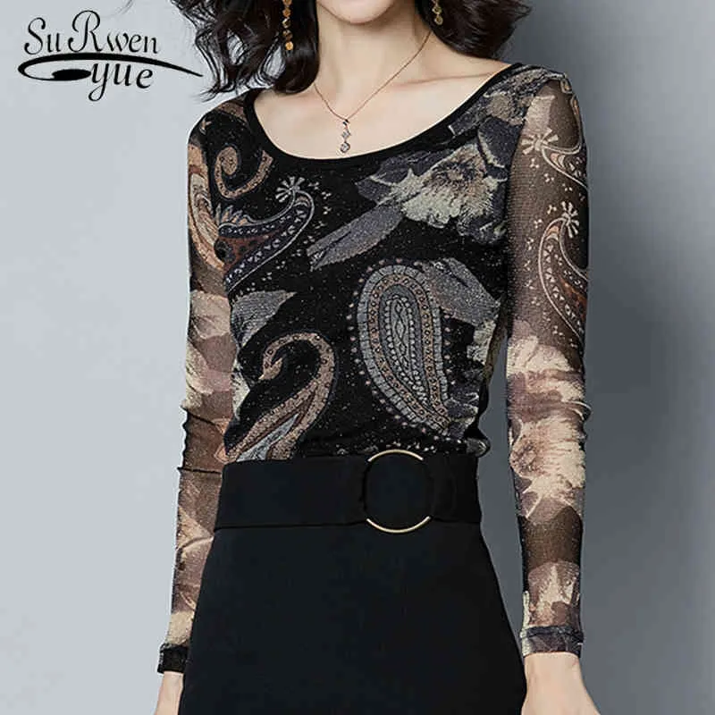 秋冬ファッション長袖シャツの女性韓国のファッション服のための女性oネックカジュアルメッシュシャツ7469 50 210417