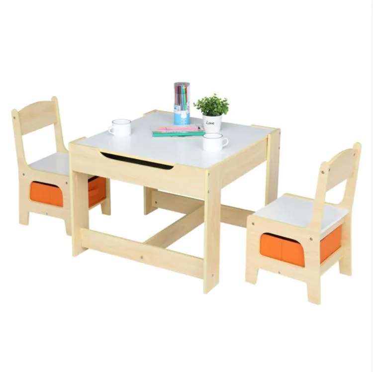 Eetkamermeubels Kinderen Houten en stoel Set met twee opbergzakken (één tafel twee bureau)