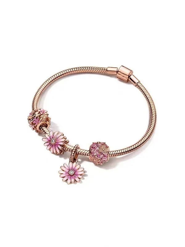 925 Sterling Silver Rose Gold Daisy Charm Bead fit European Pandora Bracelets for Women Cinderella Crystal Magnolia Charm Beads Snake Chain Fashion Jewelry