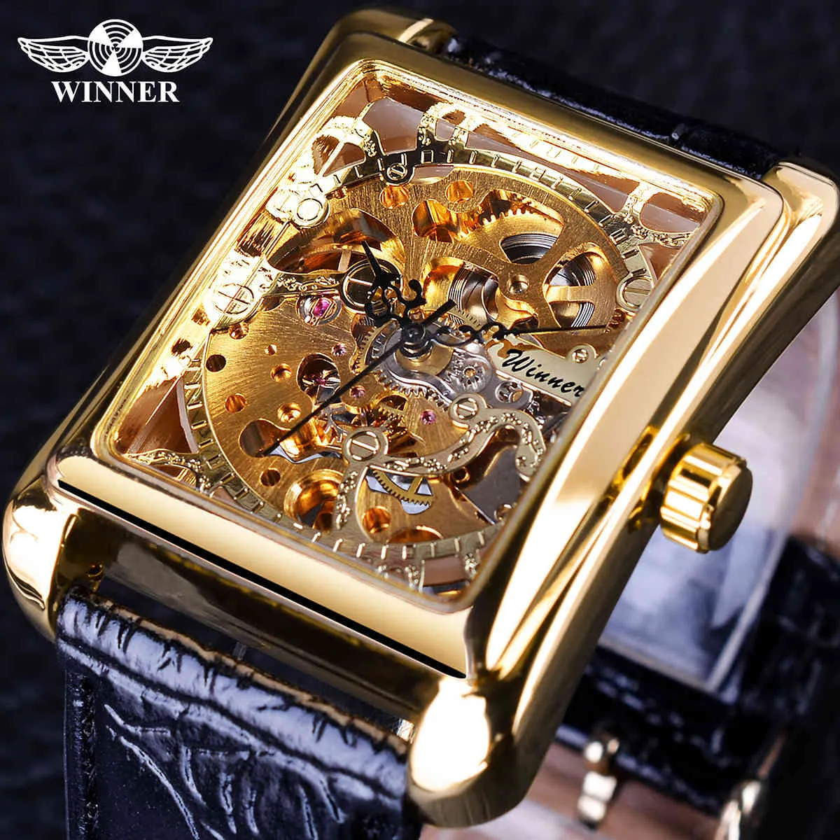 Winner Retro Casual Series Rectangle Dial Design Golden Pattern Hollow Skeleton Watches Men Watch Top Brand Luxury Mechanical