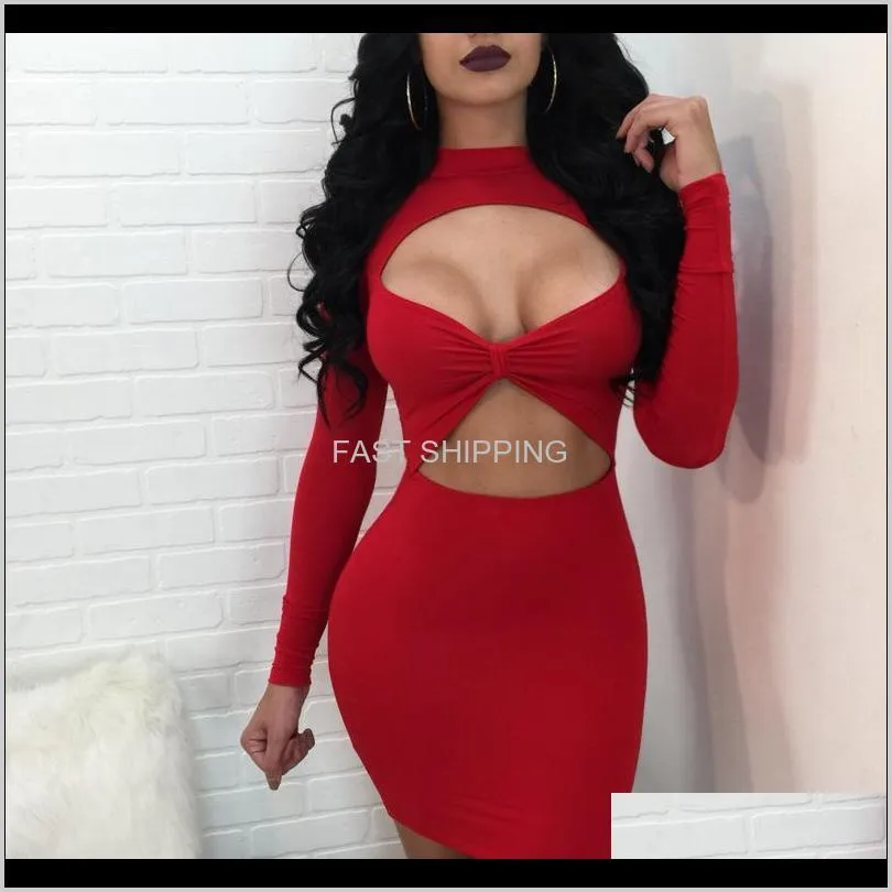 Party Dresses Apparel Bodycon Dress Mini Summer Black Red Women O Neck With Long Sleeve Hip Hollow Out Evening Sexy For Qykpa