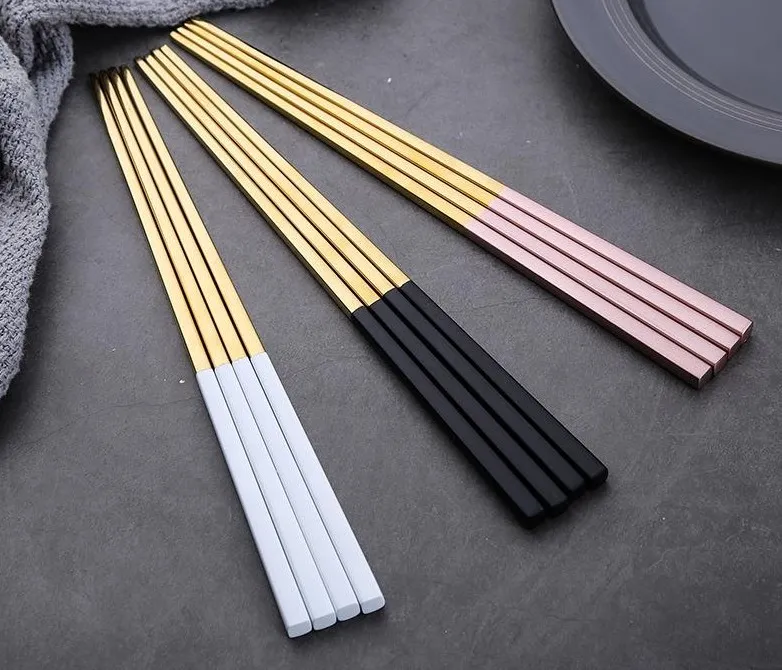 Gold 304 Stainless Steel Chopsticks Wedding with Black White Pink End