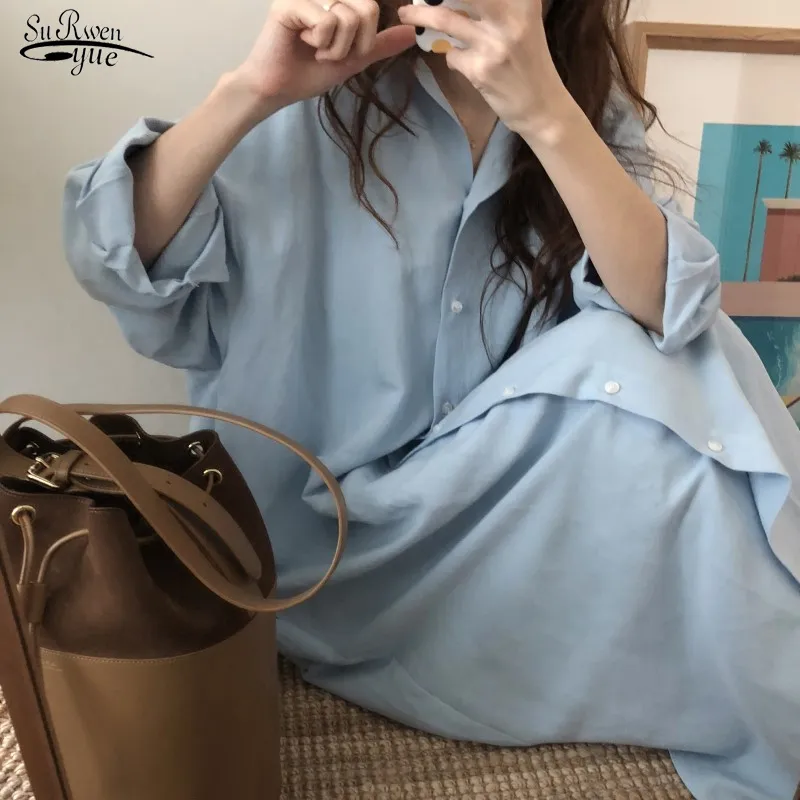 Robe Femme Vestido Autumn Blue Long Shirt Dress Vintage Cotton Dresses Sleeve Button Loose for Women 9649 210508