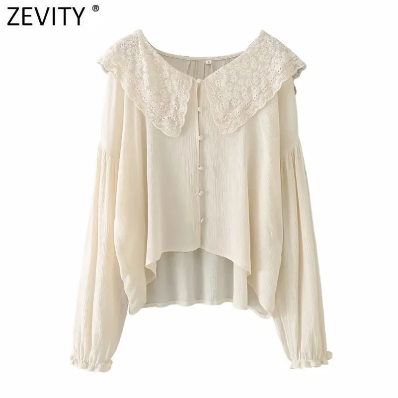 Women Sweet Embroidery Turn Down Collar Casual Loose Shirt Female Breasted Ruffles Blouse Roupas Chic Chemise Tops LS9100 210416