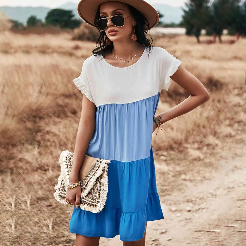 Zomer vintage mini casual jurken voor vrouwen zomer kleur blok losse jurk dames ruches a-line korte jurk vestido 210514