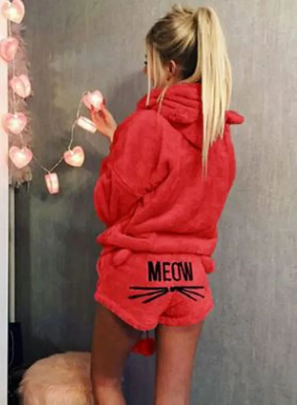 Çoğaltma Kadınları Set 2018 Sonbahar Sıcak Kış 2 Parça Kadın Takımları Sevimli Kedi Kapüşonlu Sweatwear Sweatshirt ve Kısa Pijama Seti