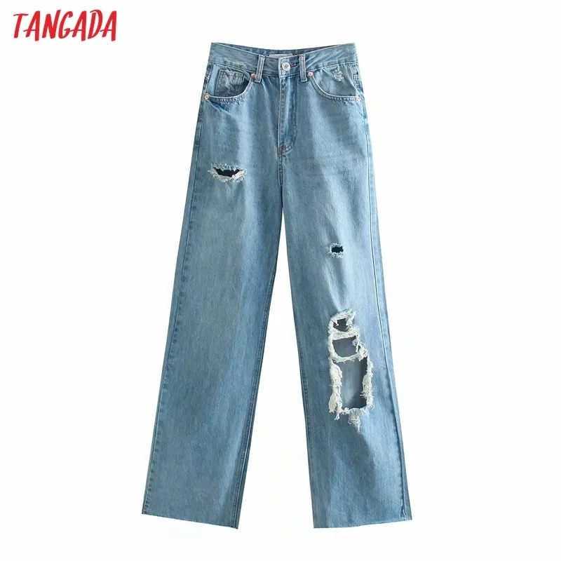 Summer Women Hollow Ripped Light Blue Denim Jeans Trousers High Waist Lady Pants Pantalon 4M132 210416