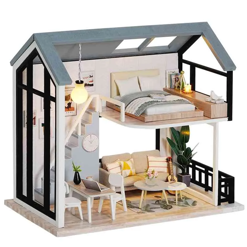 Cutebee Diy Dollhouse Kit Wooden Doll Hus Miniatyrmöbler med LED-leksaker för barn Julklapp QL02 210910