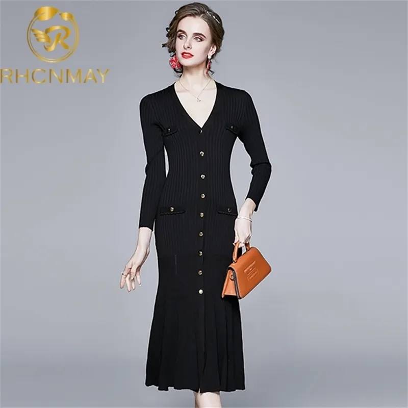 Élégant col en V simple boutonnage femmes noir robe pull à manches longues ceinturé tricot tempérament femme 210506
