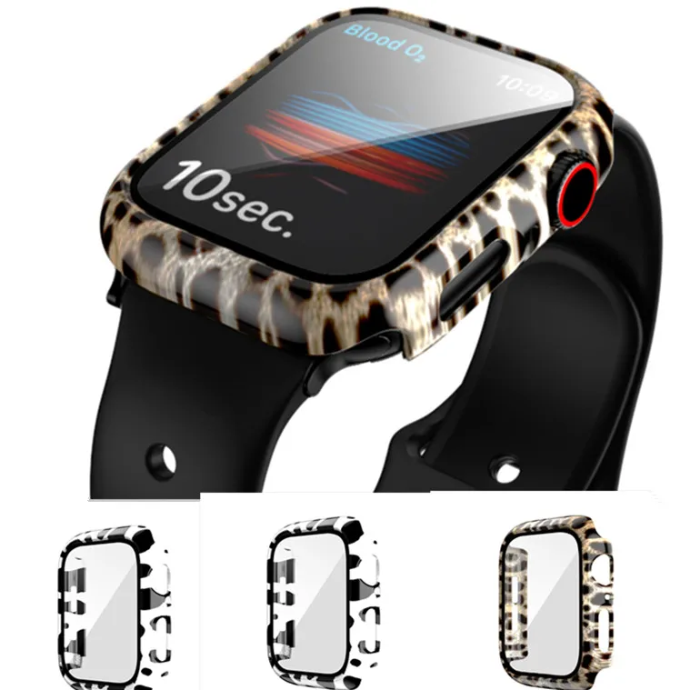For Apple Watch Series 6 5 4 3 2 SE iwatch 38mm/42mm/40mm/44mm Leopard Zebra Slim Hard PC Tempered Glass Full Screen Protector Protect Case Cover