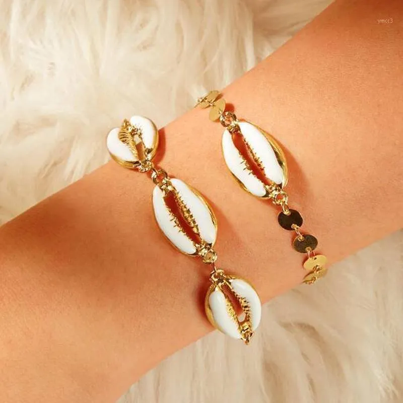 2Pcs/Set 2021 Shell Bracelets For Women Gold Color Cowrie Delicate Rope Chain Bracelet Beads Charm Bohemian Bangle