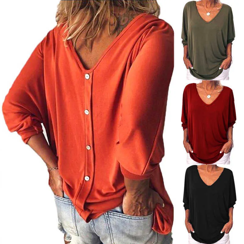 Women T-Shirt V-Neck Loose Long Sleeve Button Solid Color Casual Fashion Plus Size Tunic Elegant Ladies Female Clothing Y0629