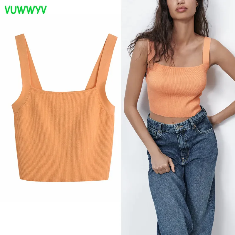 Vuwwyv Moda Laranja Malha Crop Top Mulheres Verão Slim Backless Largura Correias Mulheres Tops Chic Casual Streetwear Blusas 210430