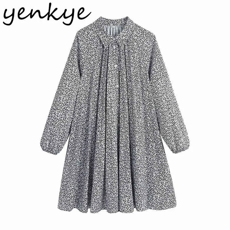 Spring Women Vintage Floral Print Shirt Dress Female Long Sleeve Pleated Casual Loose Plus Size Short Vestido 210430