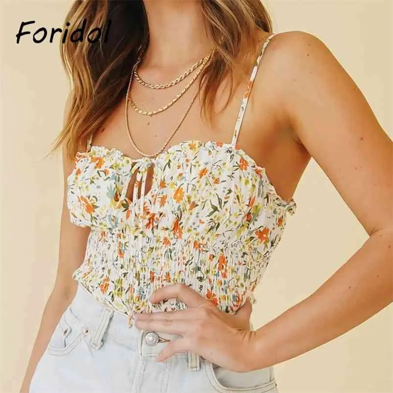 Floral Print Crop Topy Camis Kobieta Summer Szyfonowe Cute Boho Krótki pasek Wzburzyć Plaża Wakacje Ubrania 210427