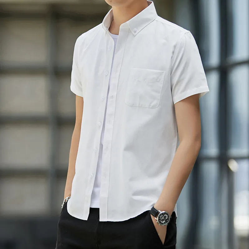 白いオックスフォードの男性のシャツ夏半袖カジュアルメンズボタンダウンシャツファッションカミサススリムソリッドポケットキショスホム210524