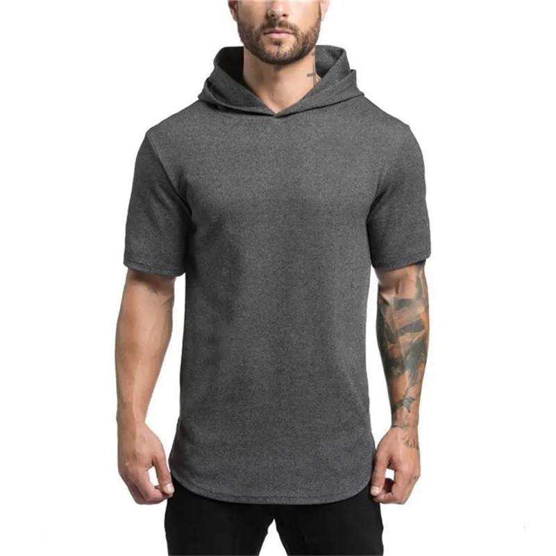 Muscleguys Fitness Lifestyle Slim Fit T-shirt Men Short Sleeve Hoodie Plain Bodybuilding Workout Mens Gyms Hoodies T Shirts Male 210421