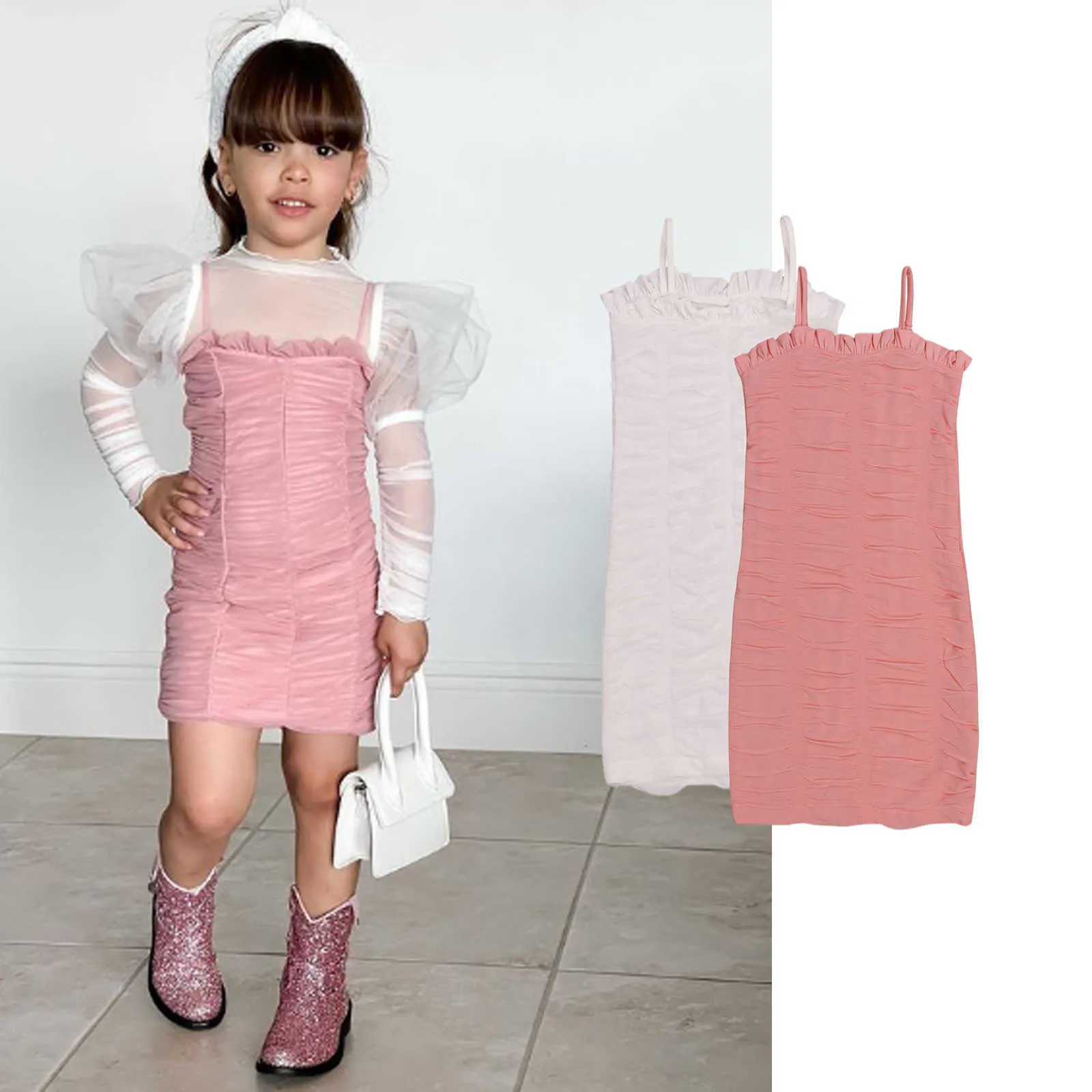 Focusnorm zomer baby kinderen meisjes mode jurk outfits 1-6y effen kleur spaghetti mouwloze mously jurk Q0716