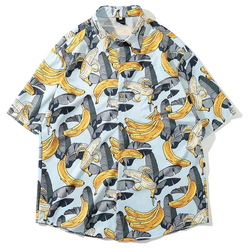 Camicia hawaiana da uomo Stampa foglia di banana Marchio sciolto Abbigliamento da spiaggia Camicie a maniche corte leggere Uomo Top 210527