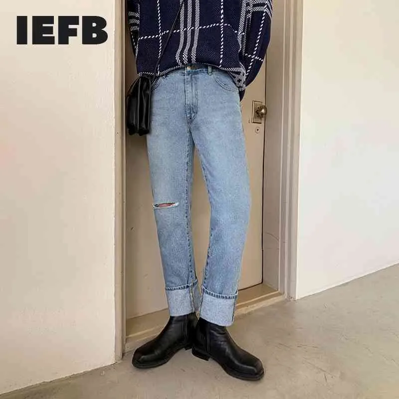 IEFB Vêtements pour hommes Lâche Tube droit Jeans Coréen Trendy Hole Casual Denim Pantalon Bleu Pantalon de printemps pour homme Y4302 210524
