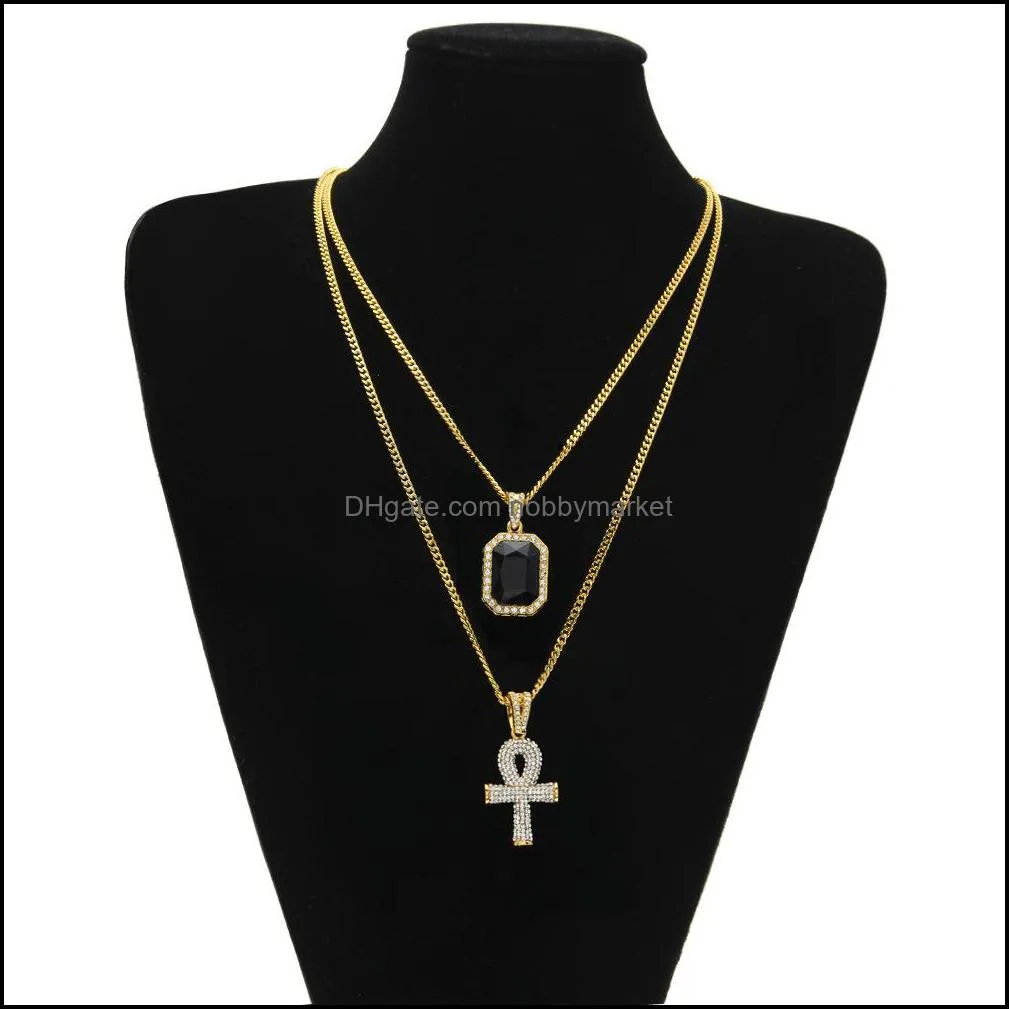 Iced out Egyptian Ankh Key of Life Necklace set Bling Cross Mini Gemstone Pendant Gold Silver chain For Mens Hip Hop Jewelry Bulk