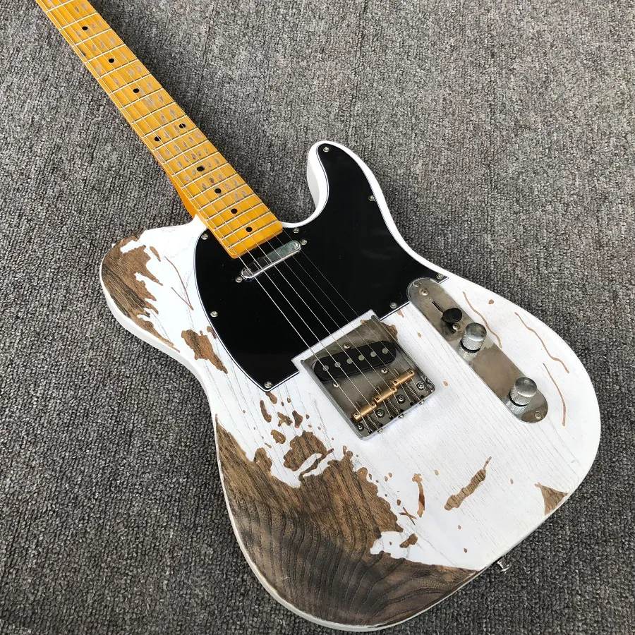 Anpassad butik Jeff Beck Yardbirds Relic White Electric Guitar Ash Body, Vintage Tuners, Black PickGuard