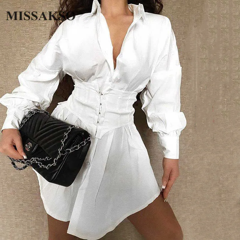 Missakso moda solta camisa branca vestido lanterna manga v pescoço túnica cintura alta outono mulheres mini vestidos grandes 210625