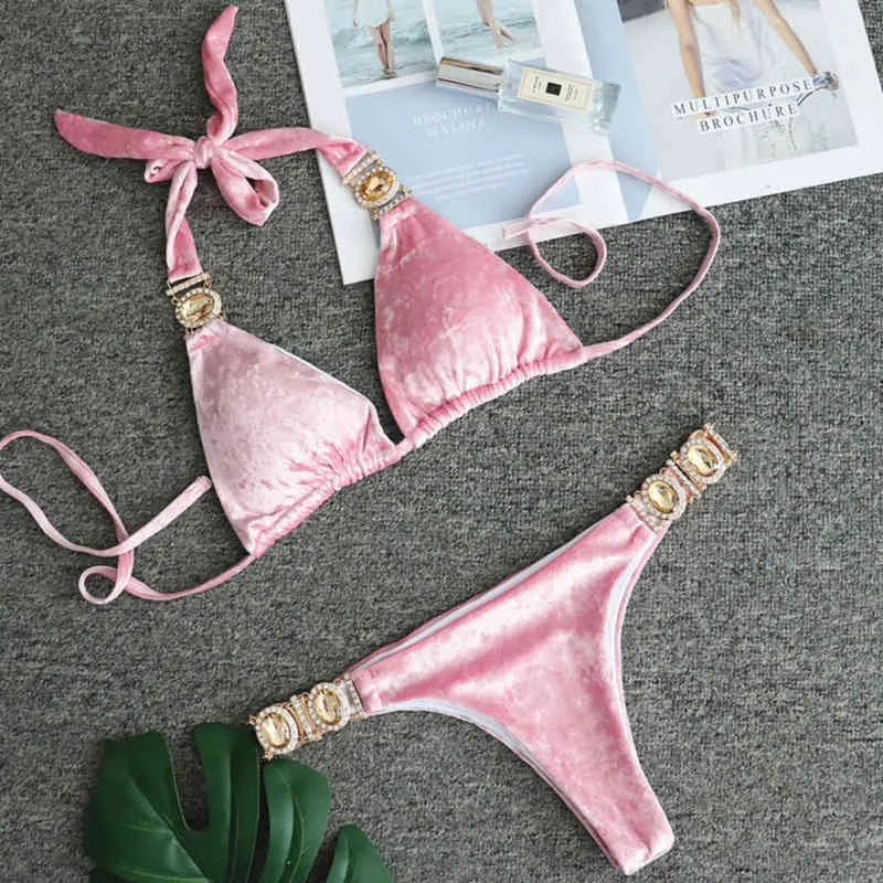 2021 Newest Pink Velvet Female Split Swimsuit Sexy Crystal Diamond Bikini Wholesale Bathing Suit Beach Set