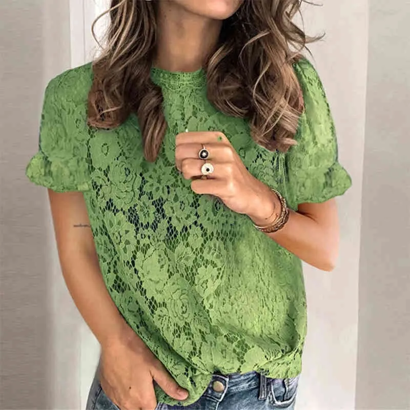 Kvinnor Casual Lace Hollow Out T-shirts Sommar Ny Chic Round Neck Kortärmad Dam Loose Green Streetwear Party Tops Tees 210416