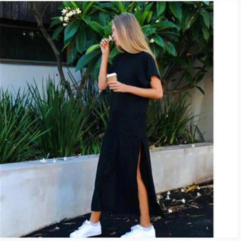 Casual Dresses Plus Size Women T-Shirt Maxi Dress Summer Beach Party Vintage Loose Short Sleeve Bodycon Black Long