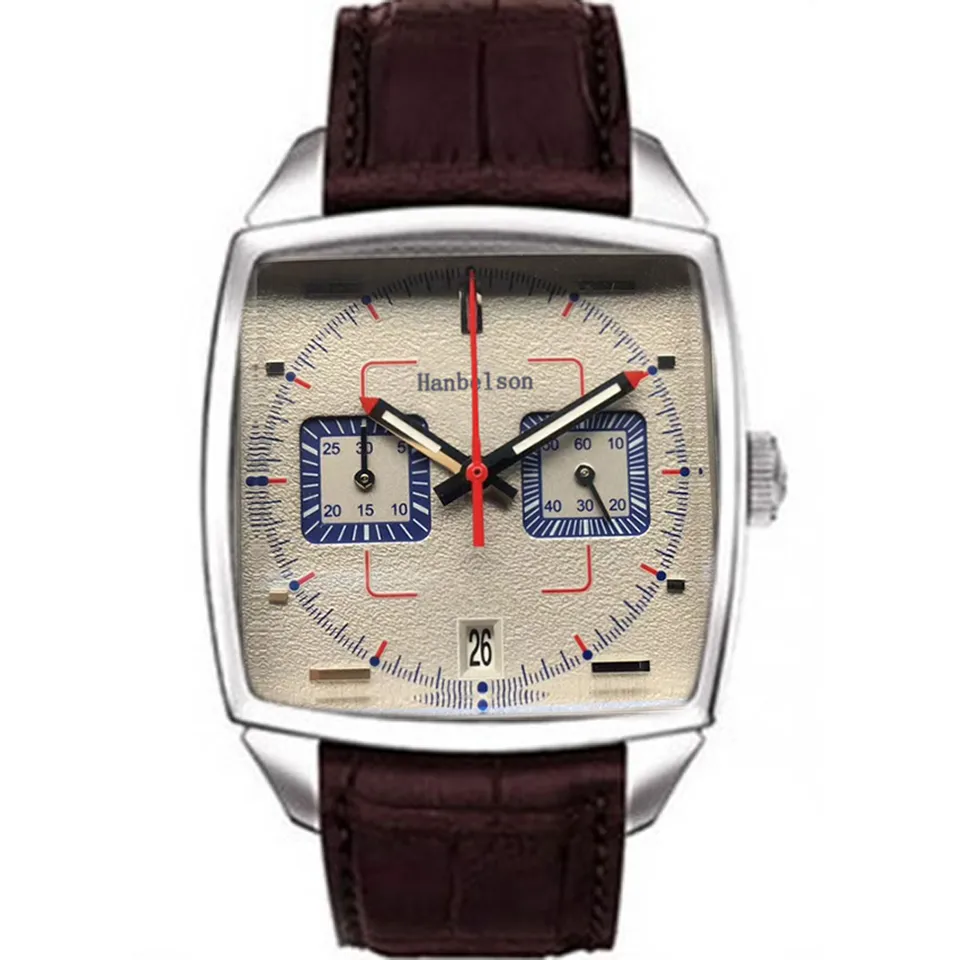 Montre de luxe VK Relógio masculino com movimento de quartzo Superfície quadrada em aço inoxidável Luminoso Pulseira de couro azul relojes lujo para hombre Mostrador cinza Cronógrafo Relógios