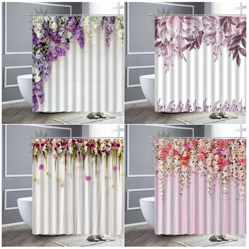 Waterproof Shower Curtain Set Pink Rose Lavender Flowers Simple Style Home Fabric Bathroom Decor Bath Curtains Hooks Wall Screen 211116