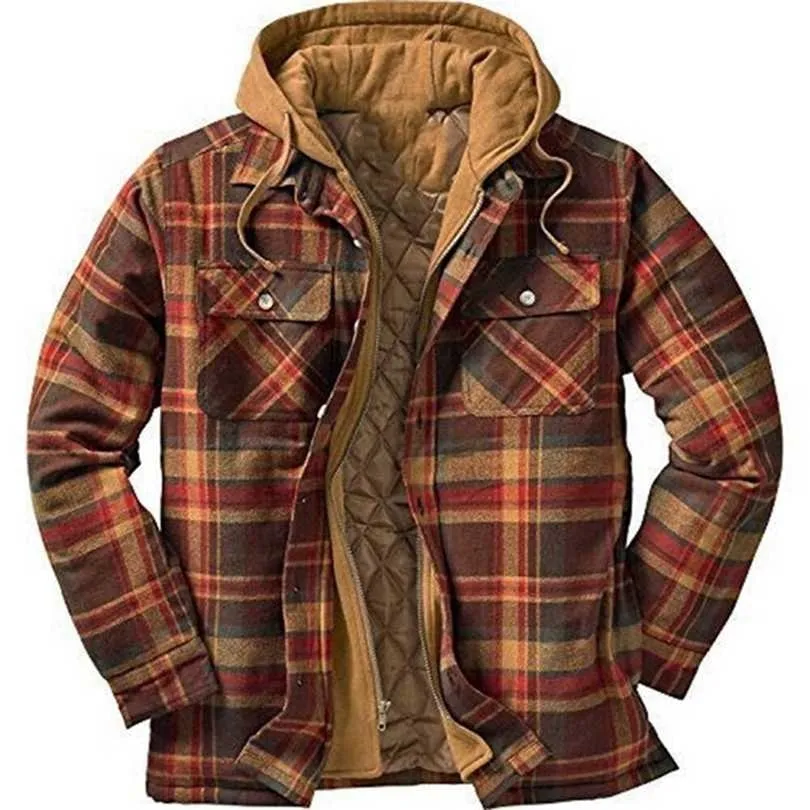 Modieuze mannen jas herfst winter warm dikke lange mouw katoenen plaid shirt jas losse bommenwerper 211126