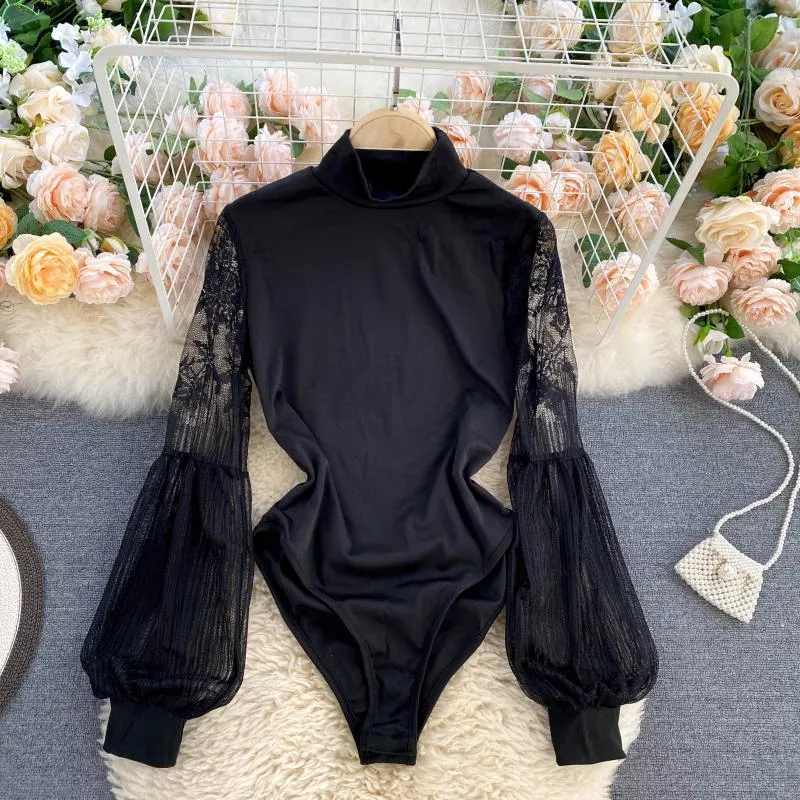 Singreiny 캐주얼 레이스 패치 워크 Rompers 여성 패션 랜턴 슬리브 Jumpsuit Women Streetwear Outmits Bodysuit 210419