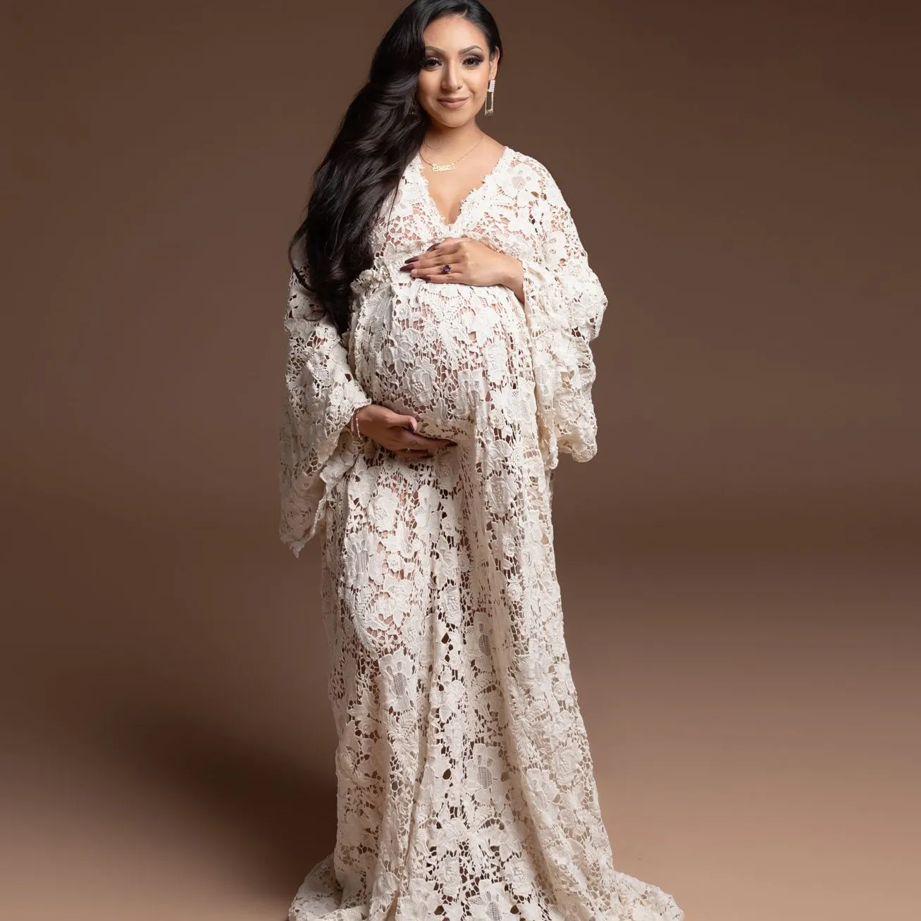 V Neck Pregnant Women's Prom Dress Maternity Lace Long Sleeve Robes for Photo Shoot or baby shower Luxury Plus Size Gowns