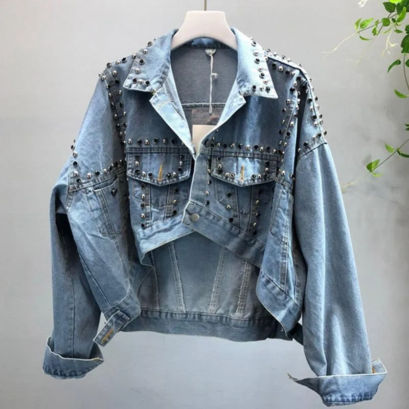 Kvinnors Jackor Kvinnor OuterWear Fashion Studded Diamond Denim Jacka Kvinnor Kläder Kort Slank Oregelbundet Coat Chaqueta de Mezclilla