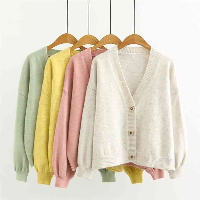 Automne Cardigan simple boutonnage vert rose jaune court femmes à manches longues lâche Caridgan femme tricoté veste 210922