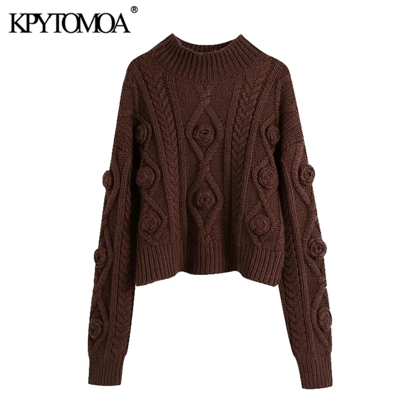 Women Fashion With Flowers Cropped Cable-knit Sweater High Neck Long Sleeve Female Pullovers Chic Tops 210420