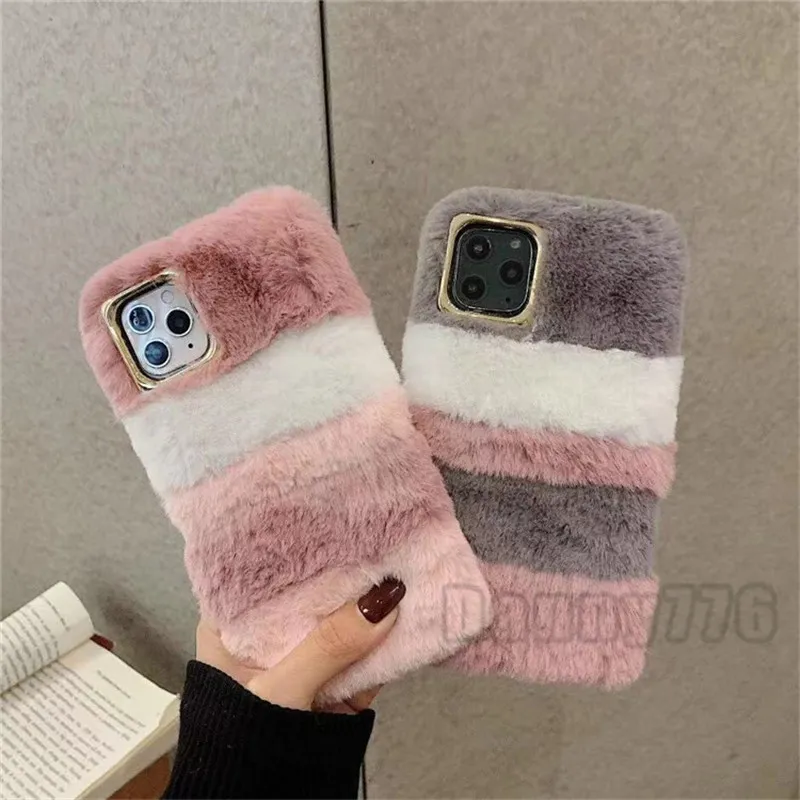 Cálido conejo esponjoso colorido teléfono casos Villi Fur felpa duro Pc funda trasera piel para Iphone 12 11 pro max 6 7 8 Plus XS XR