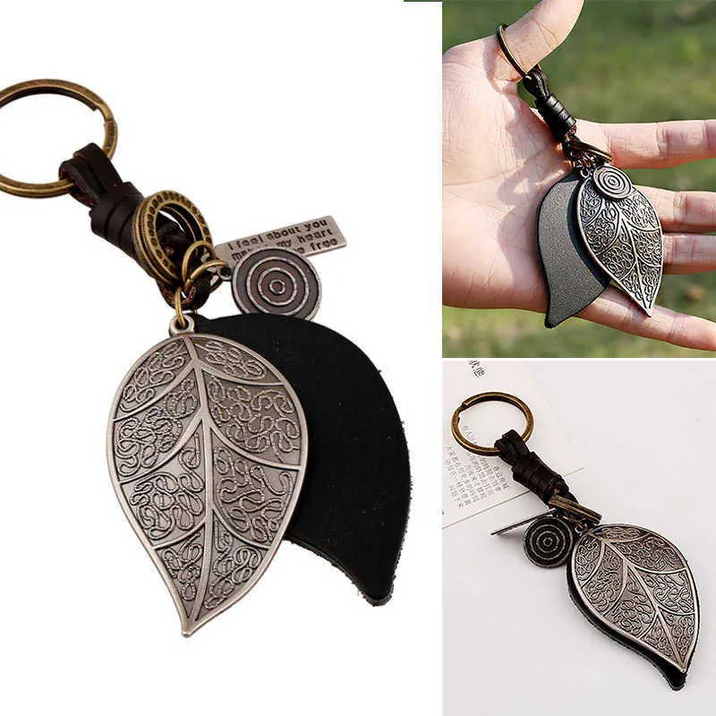 1PCS retro woven cowhide keychain personality trend jewelry big leaf pendant bag pendant accessories wholesale S78 G1019